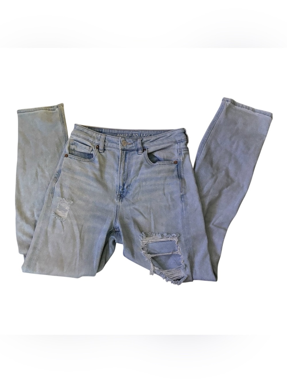 American Eagle Light Wash Denim Jeans with Brown Leather Patch
